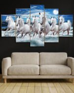 Five Panel Seven White Horses Canvas Wall Art (2x3Ft)