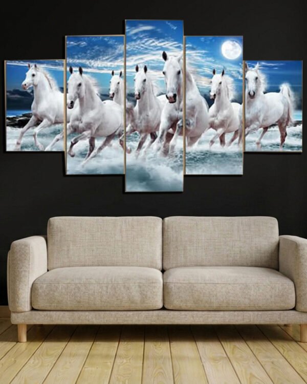 Five Panel Seven White Horses Canvas Wall Art (2x3Ft)