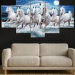 Five Panel Seven White Horses Canvas Wall Art (2x3Ft)