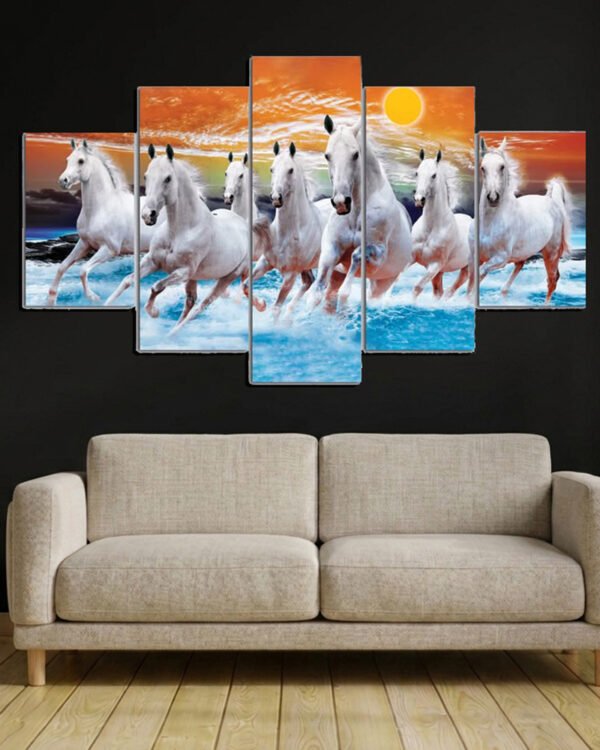 Five Panel Galloping White Horses Canvas Art (2x3 Fit)